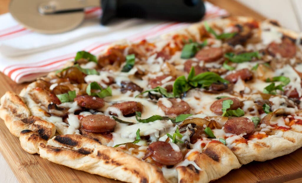 Grilled Mushroom and Onion Pizza with Sausage