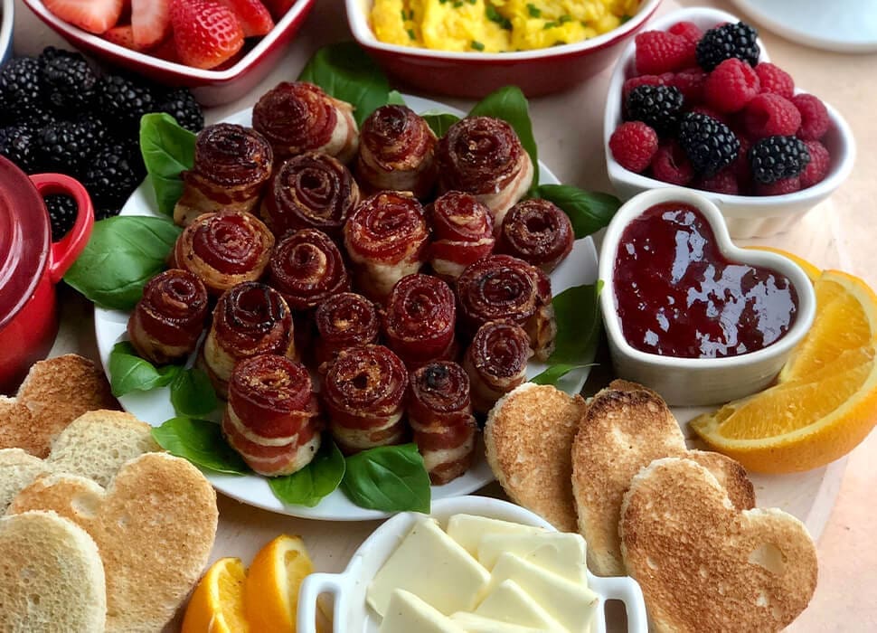 table spread with bacon roses valentines day