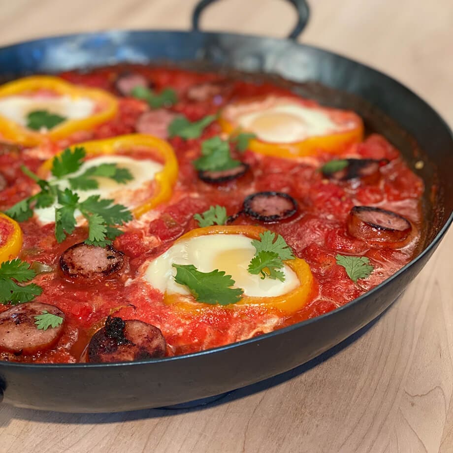 shakshuka with kielbasa and peppers