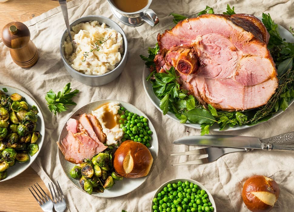 ham dinner spread on table