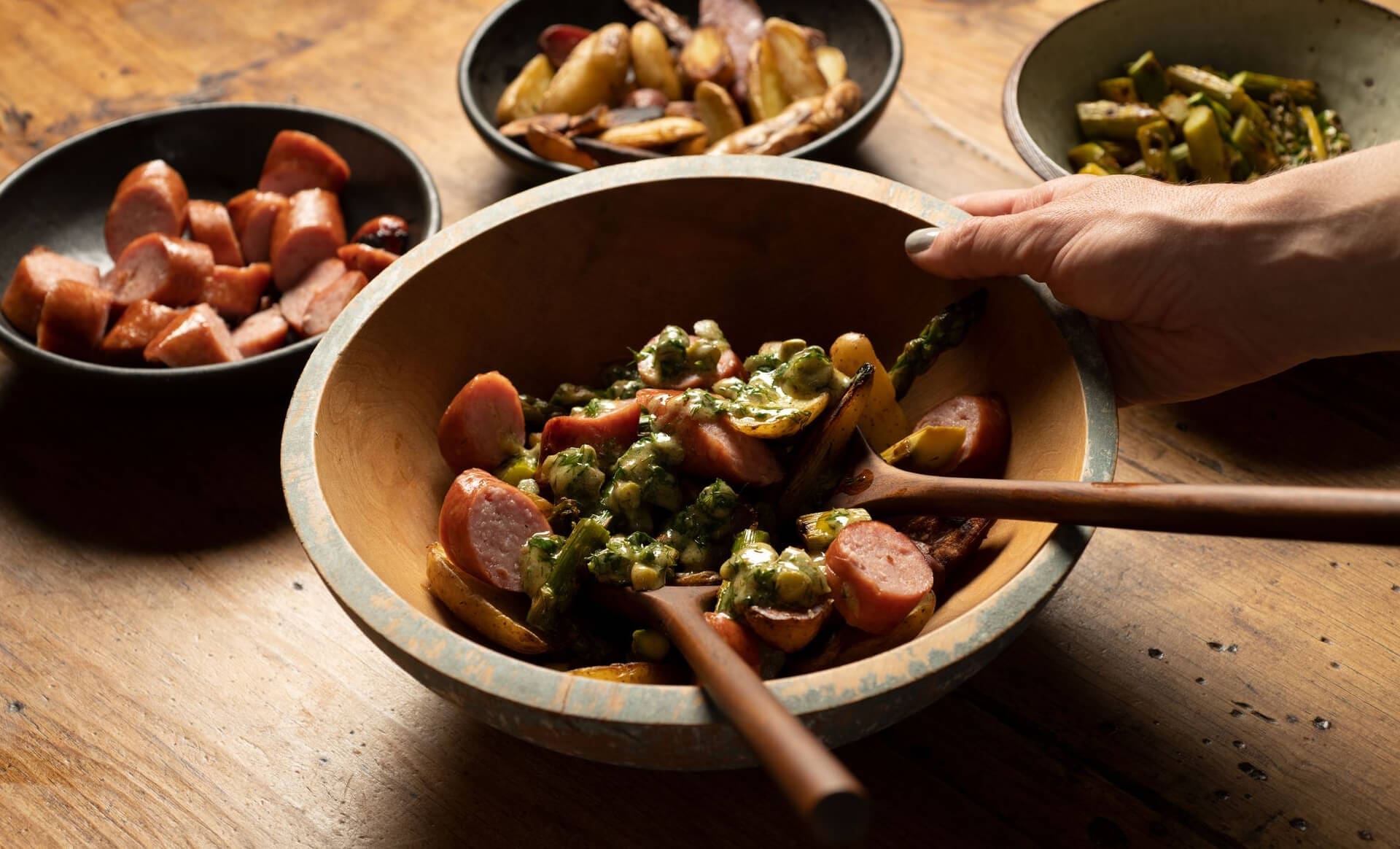 Fingerling potato salad with grilled asparagus and kielbasa