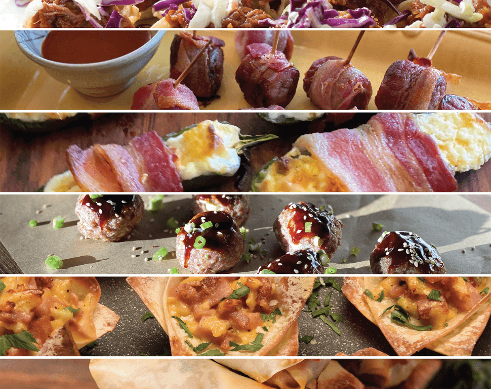 Pulled pork bites, bacon wrapped brat bites and other appetizers