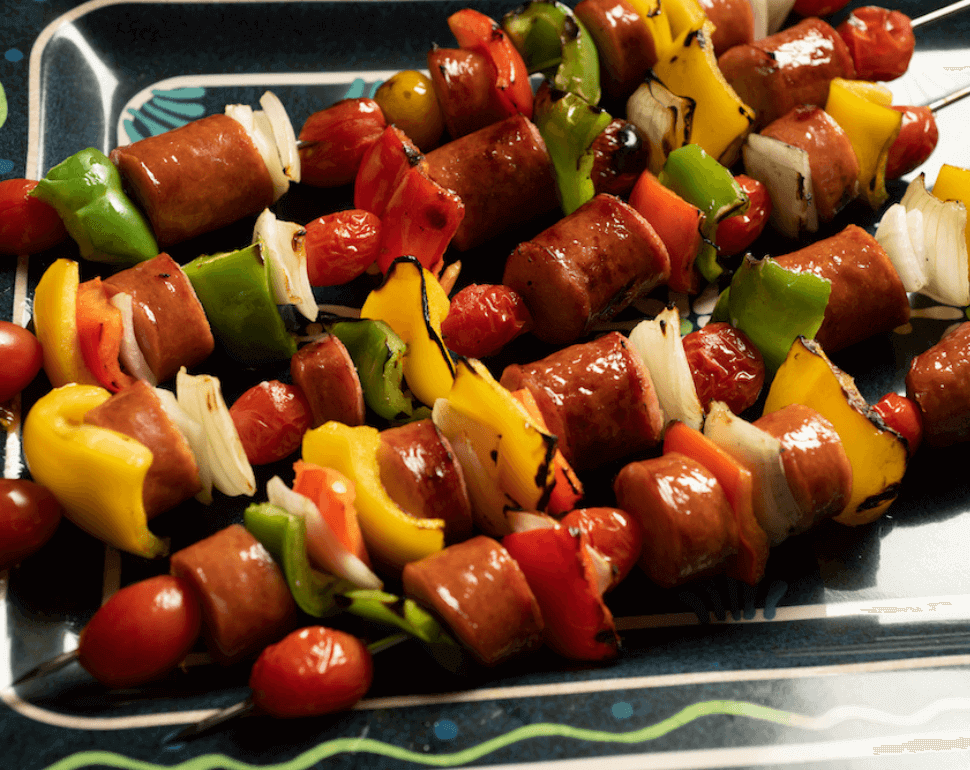 Kielbasa and vegetables on skewers