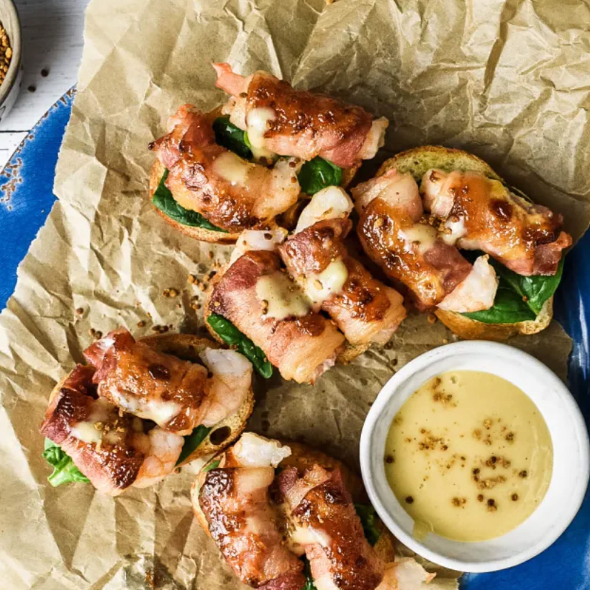 Baked Bacon Wrapped Shrimp Crostini