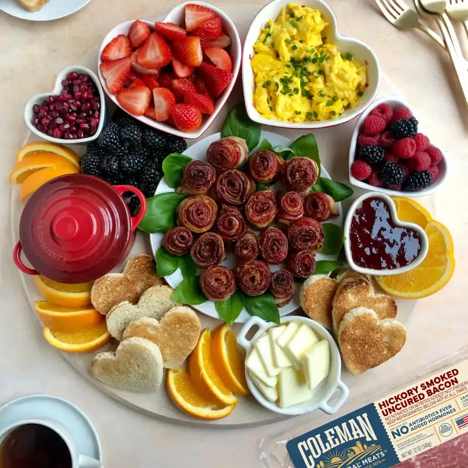 bacon roses with full breakfast spread from above